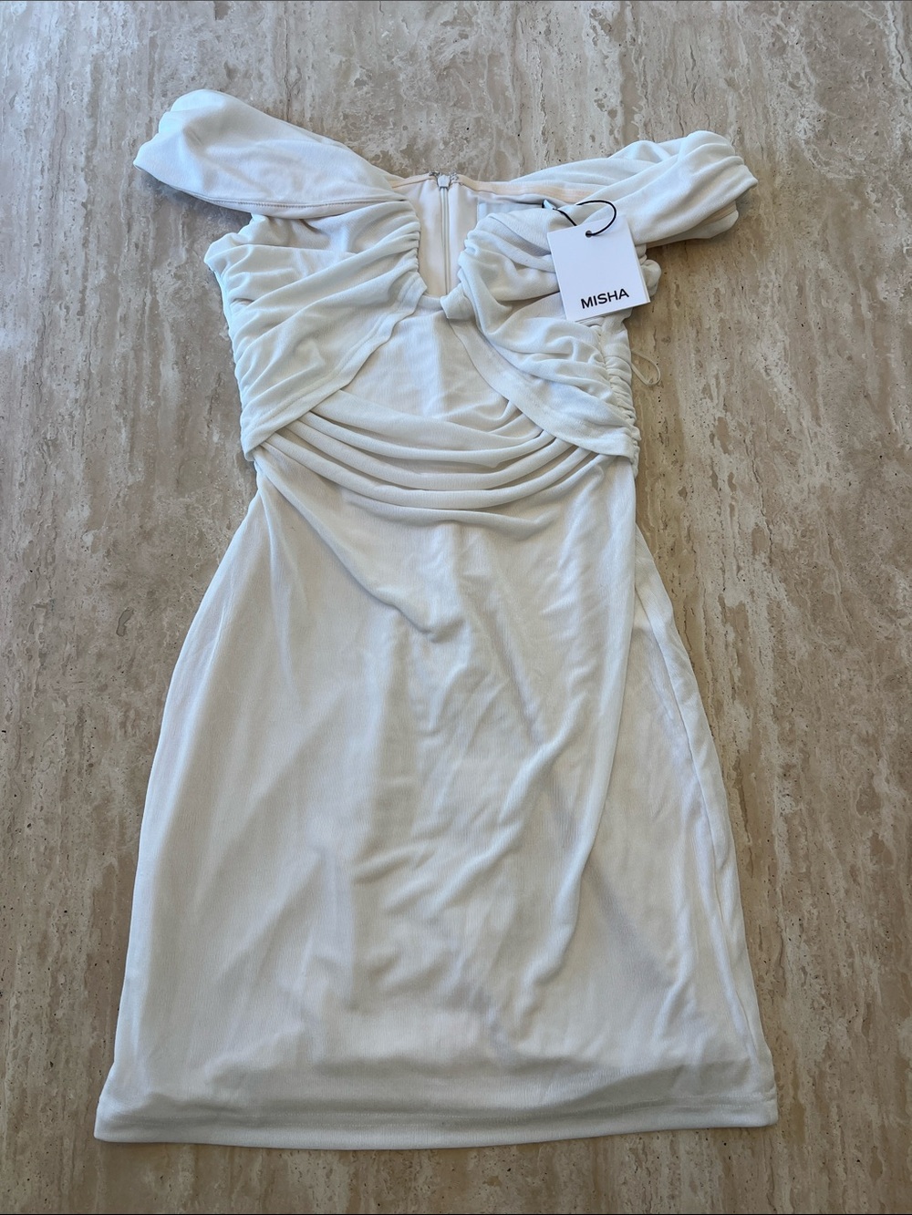 Misha White Off-Shoulder Ruched Bodycon Dress